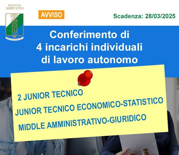 DA SITO REGIONE ABRUZZO:Conferimento di n. 4 incarichi individuali di lavoro autonomo
