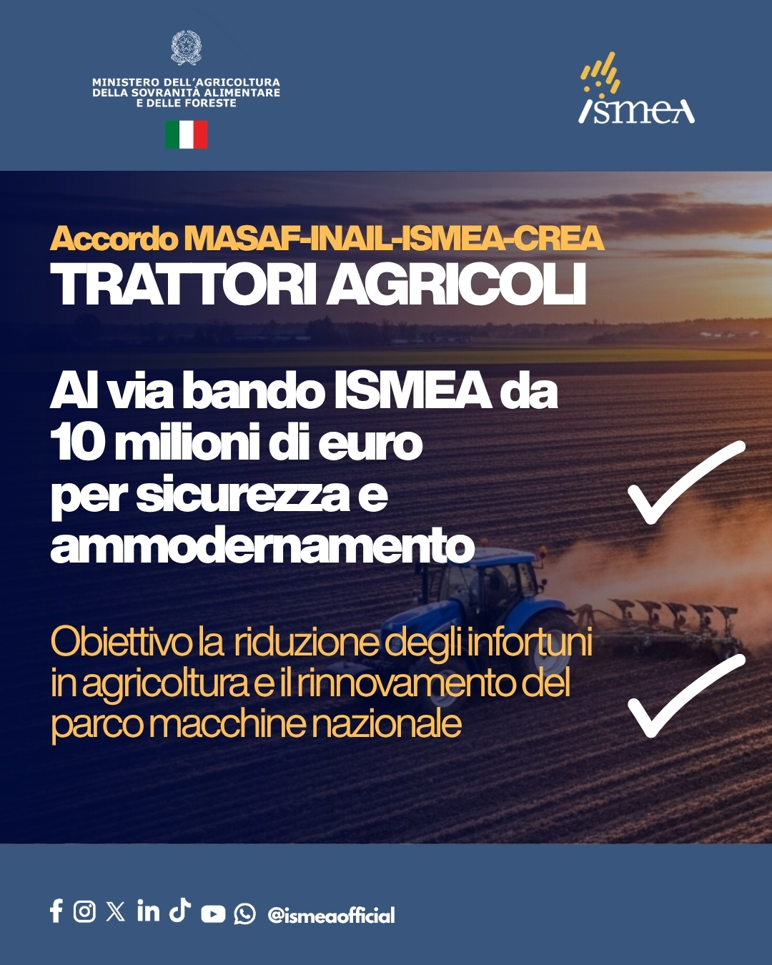 FONTI FIRA: Trattori agricoli, apre il portale per la preconvalida delle domande del bando ISMEA da 10 milioni per sicurezza e ammodernamento