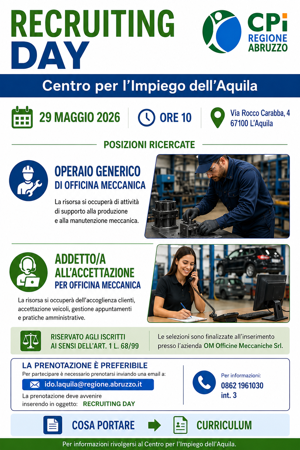 FONTI FIRA: Lavoro: il 29 maggio, al Cpi dell’Aquila, colloqui riservati agli iscritti al collocamento mirato