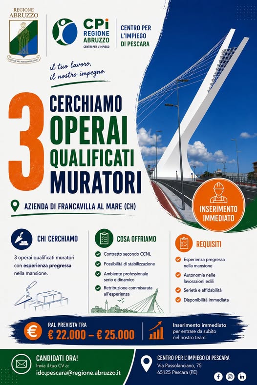 OPPORTUNITÀ DI LAVORO | 3 OPERAI QUALIFICATI MURATORI