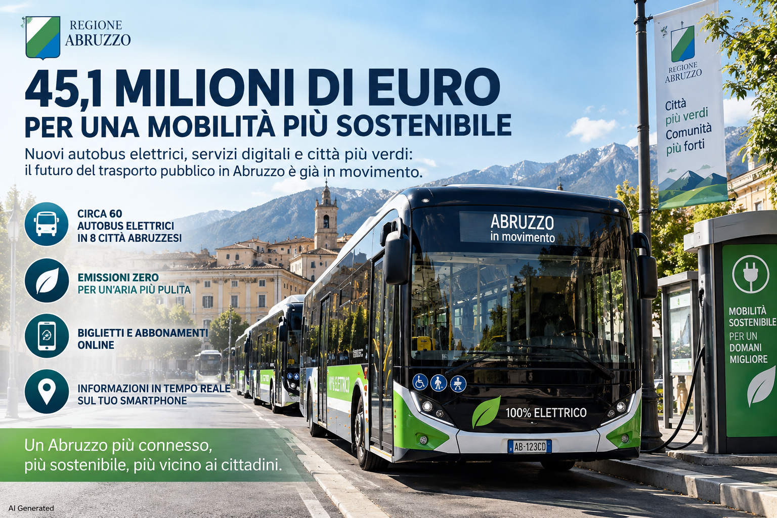 Abruzzo, rivoluzione nei trasporti: 45 milioni e sessanta nuovi autobus elettrici
